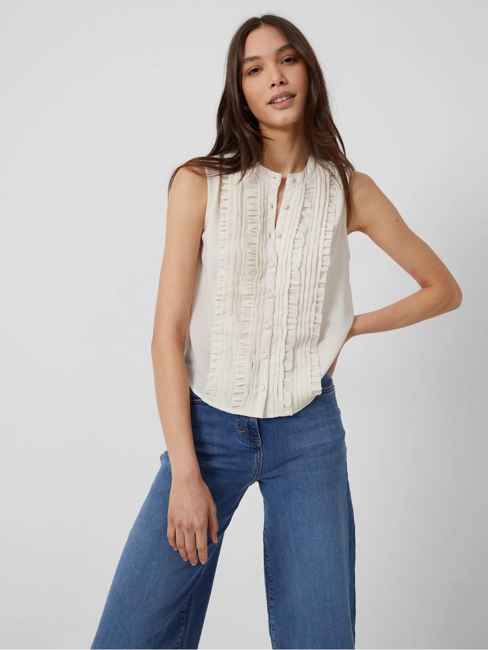 French Connection Sleeveless Ruffle-Front Blouse in Cream